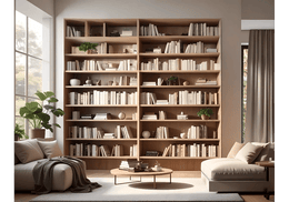 Sunlit Neutral-Toned Reading Lounge with Warm  Wood Library Wall