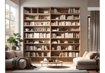Sunlit Neutral-Toned Reading Lounge with Warm  Wood Library Wall