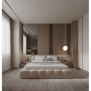 Premium Guest Bedroom Design with Plush Minimalism and Architectural Wood Paneling