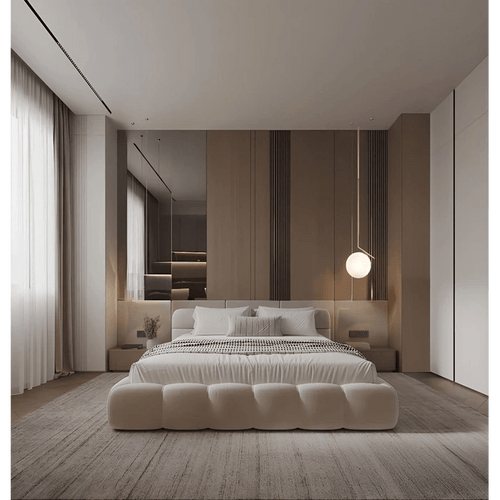 Premium Guest Bedroom Design with Plush Minimalism and Architectural Wood Paneling
