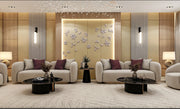 Premium Modern Living Room Design with Geometric Wall Art and Elegant Lighting