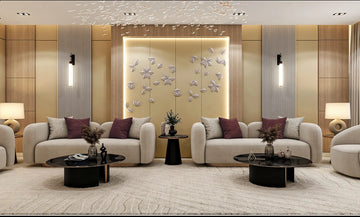 Premium Modern Living Room Design with Geometric Wall Art and Elegant Lighting