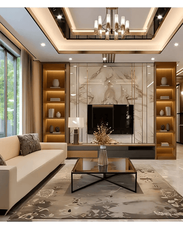Luxury Glossy Marble TV Unit with Backlit Niches and Modern Chandelier
