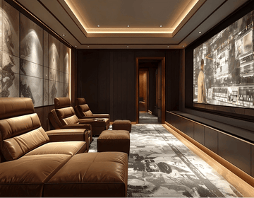 Earthy Luxe Home Theatre with Leather Recliners   & Stone Art Panels