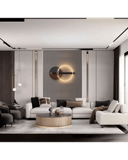 Chic Modern Living Room with Geometric Wall Art and Soft Lighting