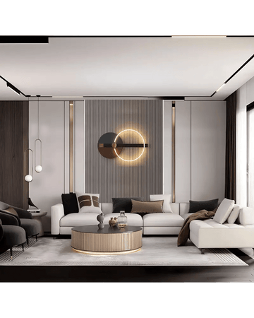 Chic Modern Living Room with Geometric Wall Art and Soft Lighting