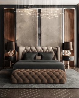 Modern Velvet Panel Bedroom with Floating Crystal Chandelier & Walnut Accents