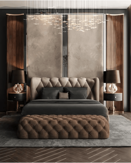 Modern Velvet Panel Bedroom with Floating Crystal Chandelier & Walnut Accents