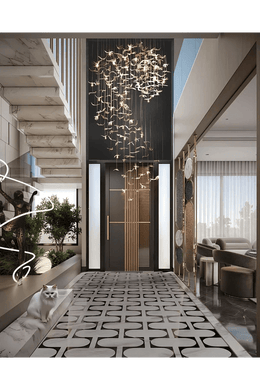 Natural Foyer Design with Stone Wall Planters and Wooden Bench