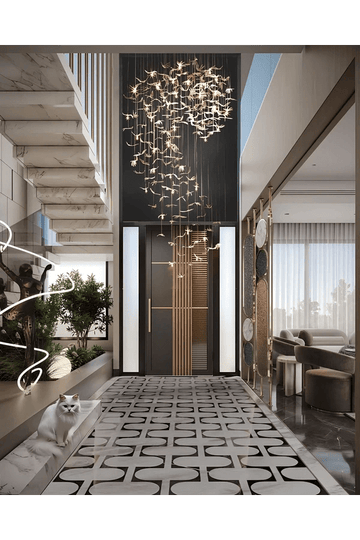 Natural Foyer Design with Stone Wall Planters and Wooden Bench