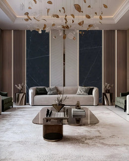 Premium Modern Living Room Design with Textured Wall Panel and Elegant Lighting