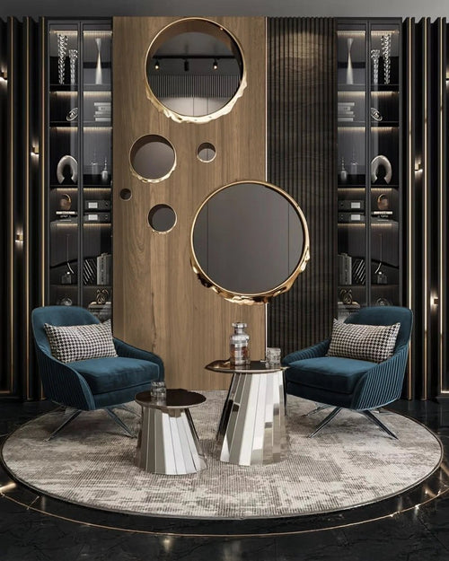 Contemporary Lounge Corner with Sculptural Mirrors & Deep Teal Accents