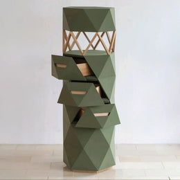 Geometric Sculptural Tower Cabinet with Asymmetric Drawers