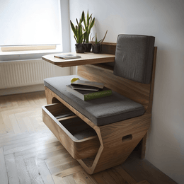 Compact Wooden Workbench with Integrated Seat & Storage