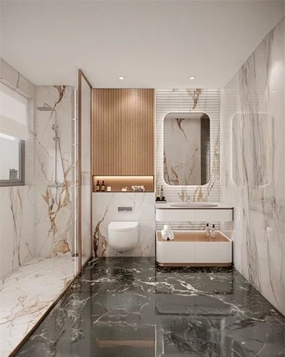 Elegant Marble Bathroom with Modern Warm Accents