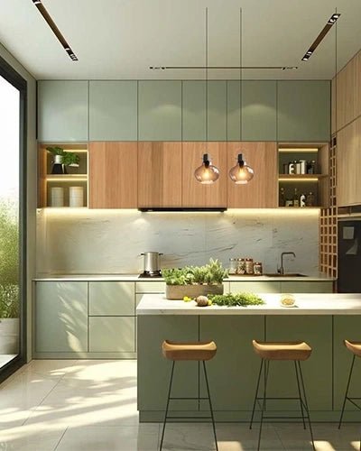 Sage Green Modular Kitchen with Built-in Herb Island & Natural Light