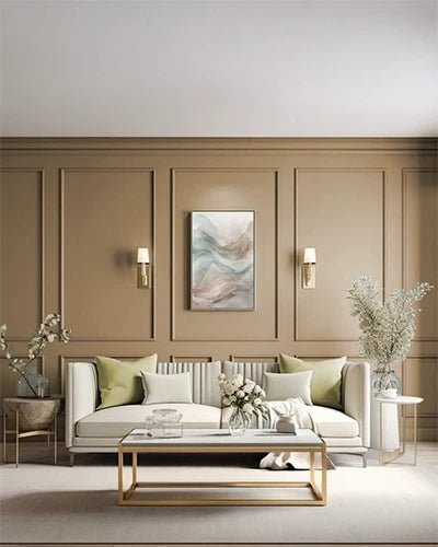 Neutral Panelled Living Room with Gold Accents & Minimalist Elegance