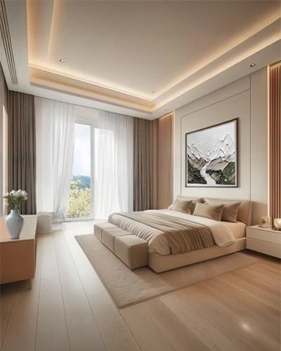 Warm Minimalist Master Bedroom with Cove Lighting