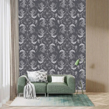 Deep charcoal grey background with intricate white floral wallpaper